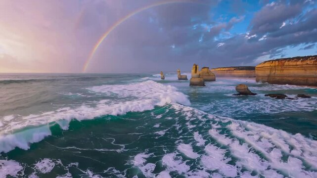 Rainbow over the twelve apostles rock formations on coastline with waves at sunset, great ocean road australia. Scenic natural beauty and iconic travel landmark concept