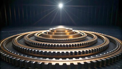 Intricate Layered Gear System with Radiant Light Background in Industrial Setting