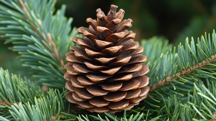 Fototapeta premium A close-up of a perfectly shaped pine cone resting on a bed of pine needles, with soft natural light highlighting its texture.