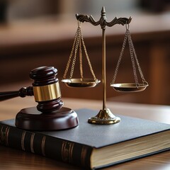 A judge's gavel rests beside a balance scale on a law book, symbolizing justice and the legal system.