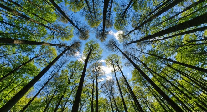 Landscape photo in a bright morning of pine trees photographed from a lower angle forming a unique pattern.