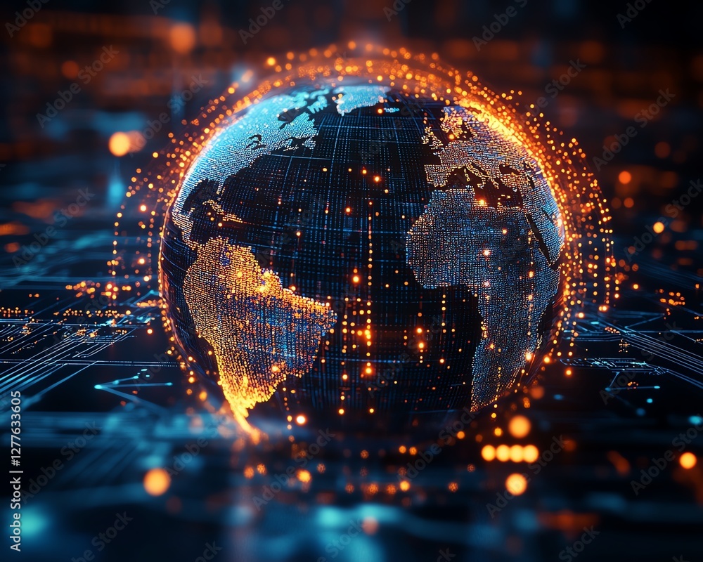 Poster a digital globe interface with glowing lines and floating data points, showcasing the interconnected