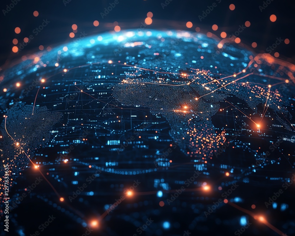Poster a digital globe interface with glowing lines and floating data points, showcasing the interconnected