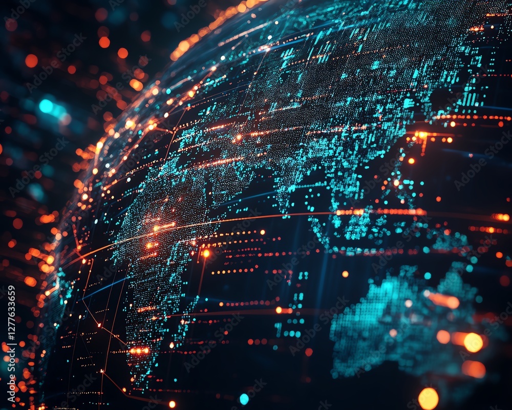 Poster a digital globe interface with glowing lines and floating data points, showcasing the interconnected