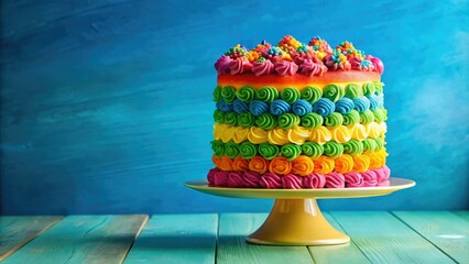 A bright and cheerful birthday cake with layers of colorful frosting, candles, fondant, frosting, colors