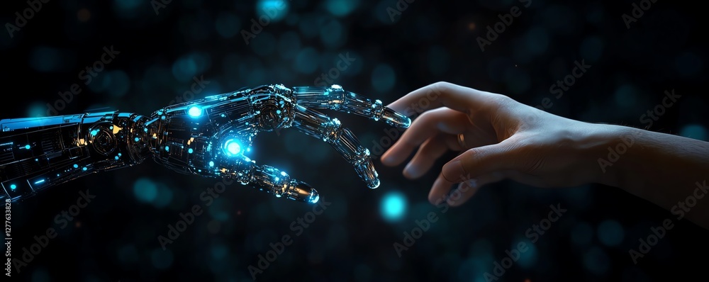 Poster a futuristic machine learning concept with a robot hand and a human hand about to touch, set against