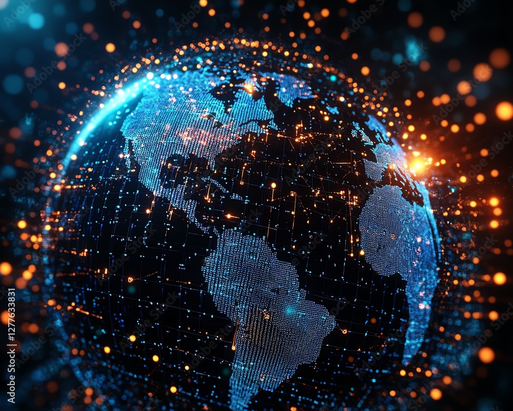 Poster a dynamic, futuristic digital globe interface with illuminated lines and 3d data points, symbolizing