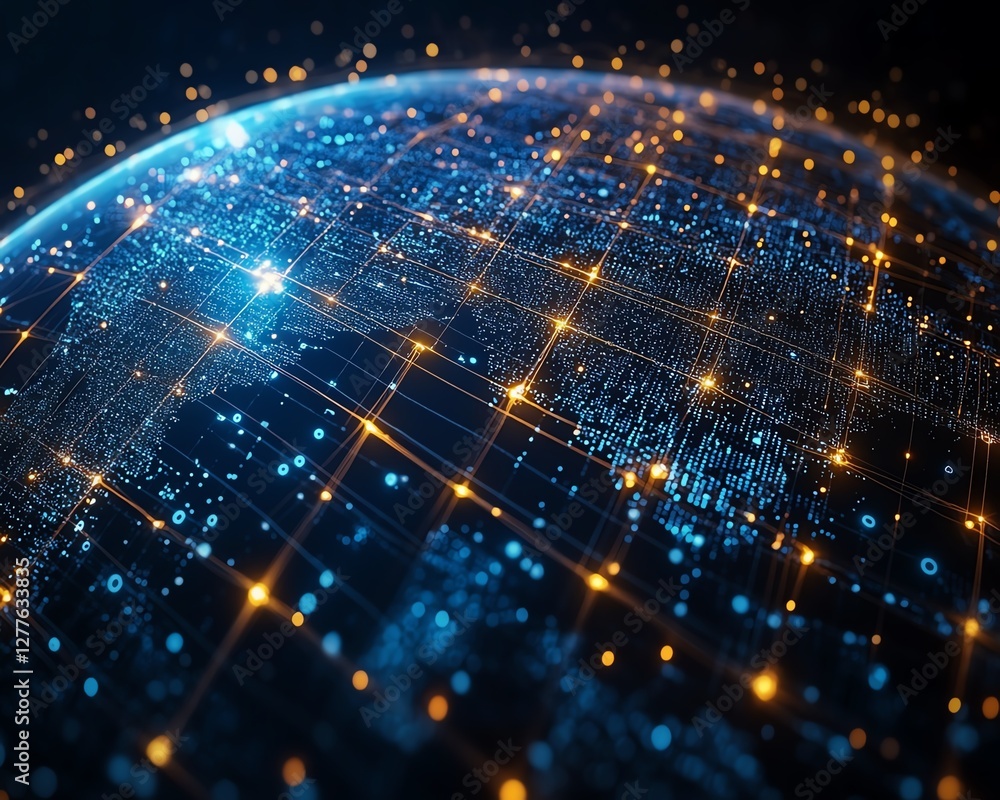 Poster a dynamic, futuristic digital globe interface with illuminated lines and 3d data points, symbolizing