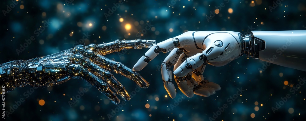 Poster a futuristic machine learning concept with a robot hand and a human hand about to touch, set against