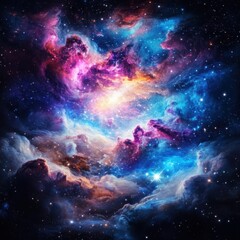 Obraz premium A vibrant cosmic scene filled with swirling colors of purple, blue, and orange, depicting a stunning nebula in the vastness of space.