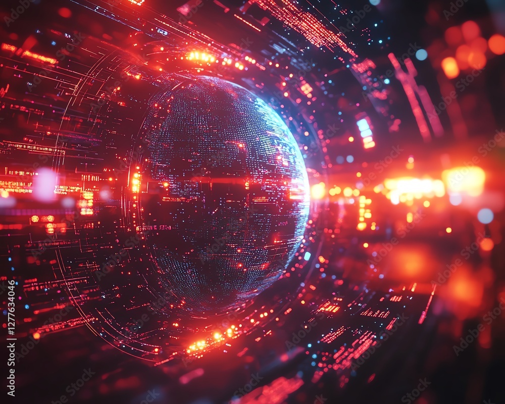 Poster a glowing, futuristic digital globe interface surrounded by 3d data points and holographic lines, sy