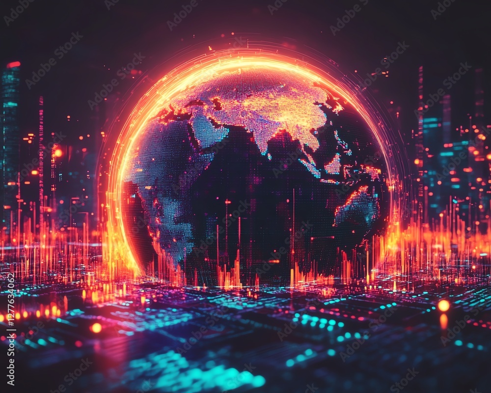 Poster a glowing, futuristic digital globe interface surrounded by 3d data points and holographic lines, sy