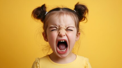 angry little girl screaming yellow background