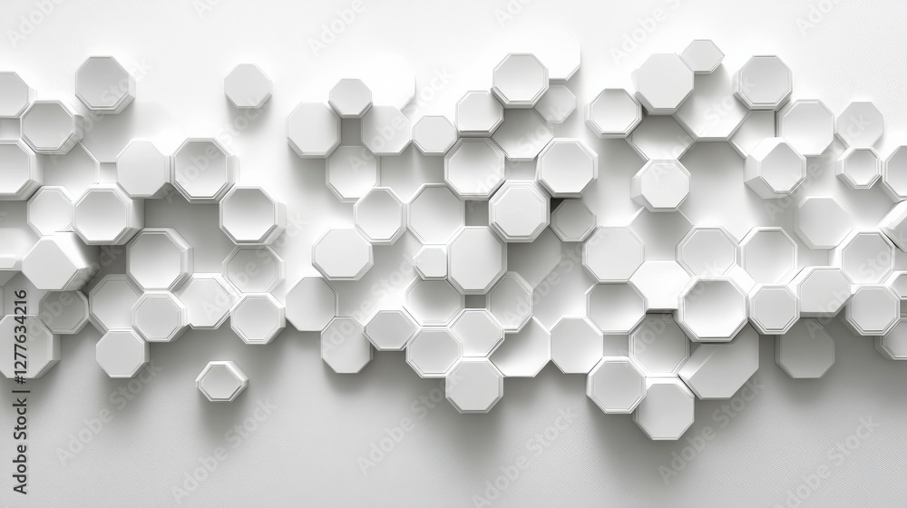Poster abstract arrangement of white hexagonal and circular shapes on a clean background, creating a modern