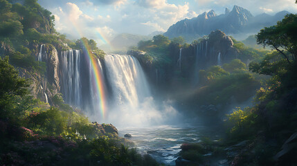 Fototapeta premium A rainbow arching over a majestic waterfall, surrounded by lush greenery and mist rising from the cascading water 