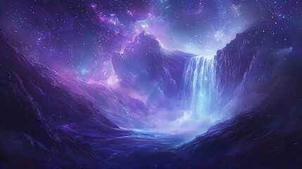 A relaxing fantasy scene where waterfalls shimmer with blue and purple hues under a starlit sky, with copy space.