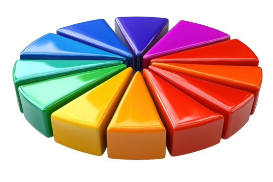A colorful pie chart made of glossy segments representing various data points.