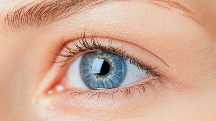Close-Up of a Blue Eye with Detailed Iris Pattern and Natural Eyelashes on a Light Skin Tone