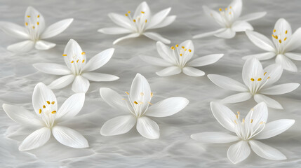 Fototapeta premium Serene arrangement of delicate white flowers on a textured grey background, perfect for spa, beauty, or meditation imagery.