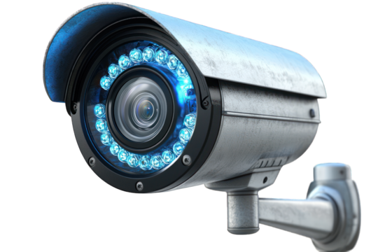A metallic surveillance camera with a circular lens and LED lights for monitoring purposes.