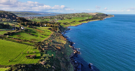 Aerial view of the beautiful and spectacular coastline of the Glens of Antrim Northern Ireland