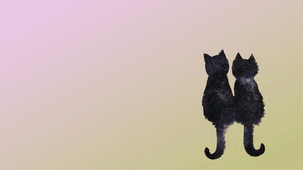 薄紅のグラデーションの背景に墨で描いた黒猫の絵
背中を向けて座っている２匹の黒猫
仲良く並んで座っている猫の後ろ姿