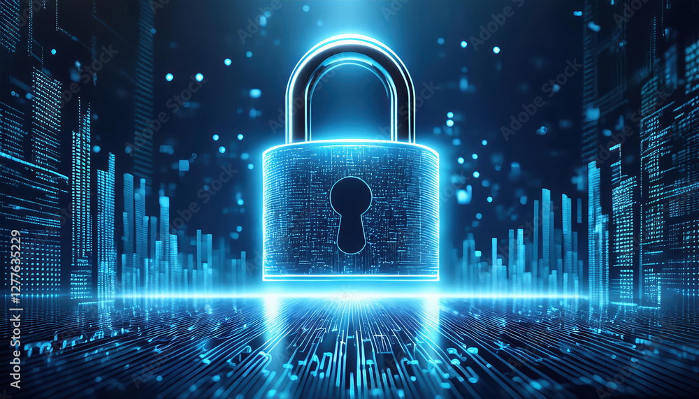 Poster glowing digital padlock symbolizing security in blockchain environment
