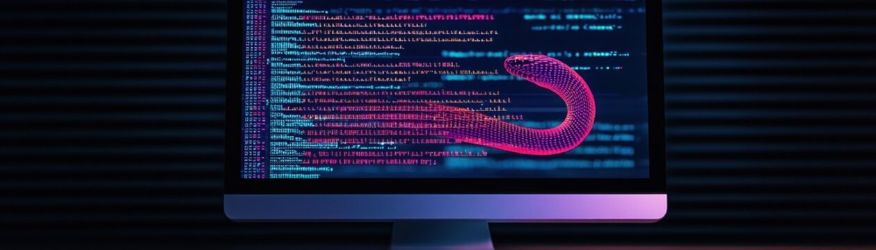 Python Code Running on Computer Screen with Abstract Elements and Modern Aesthetic