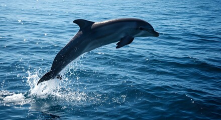 Fototapeta premium Dolphin Jumping From Blue Ocean Water Exciting Marine Life Encounter
