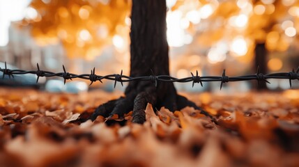 Barbed wire encircling a tree amidst autumn leaves
