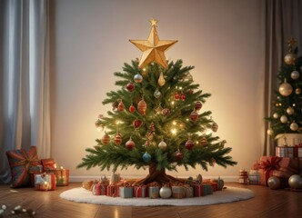 A charming star-shaped Christmas tree adorned with vintage ornaments and decorations , nostalgic accents, traditional atmosphere, warm ambiance