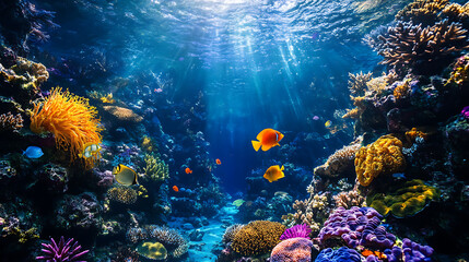 Naklejka premium An enchanting underwater scene with colorful coral reefs teeming with marine life 