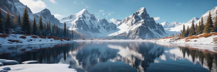 Obraz premium A Christmas Eve snow-covered mountain with a frozen lake, cold weather, frozen lake, christmas eve