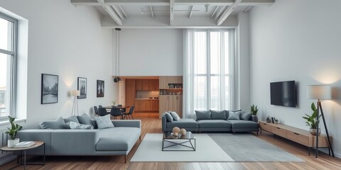 modern loft apartment with minimalist design, open floor plan, spacious, stylish, sleek, airy, open, minimalist