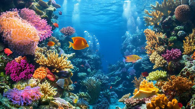 An enchanting underwater scene with colorful coral reefs teeming with marine life 
