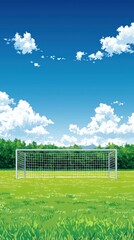 Fototapeta premium Soccer goal on a grassy field under a blue sky