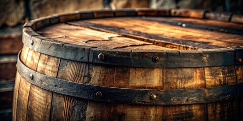 Fototapeta premium A close-up of a whiskey barrel with cracks and imperfections, whiskey barrel, cracked oak, wooden storage