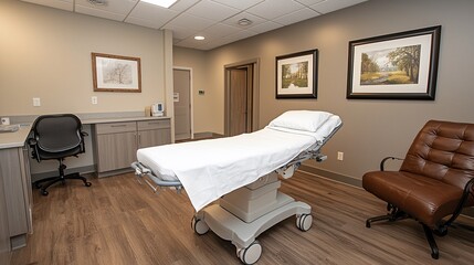 Modern medical examination room interior; comfortable chair, table, and desk.  Medical facility
