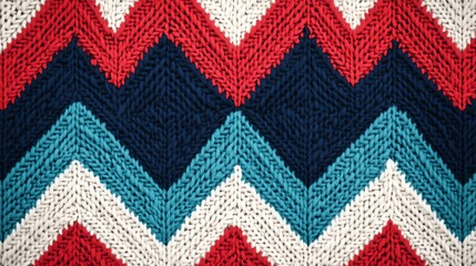 Vibrant zigzag-patterned knitted textile in red, navy, teal, and white. Cozy chevron design perfect for winter themes, ads, and holiday decorations