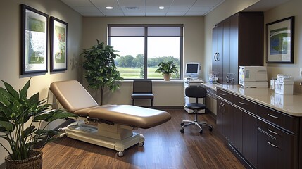 Modern medical examination room, serene view, patient comfort