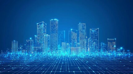 A sci-fi metropolis with hovering buildings above a glowing blue city grid, with copy space.