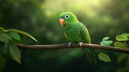 Conure perched on branch lush forest realistic photo natural habitat close-up vibrant green plumage