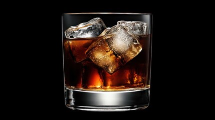 A glass of whiskey with ice on a black background.