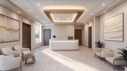 Modern medical office reception area, sunlight streams in, calm atmosphere, ideal for healthcare marketing