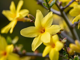 Obraz premium Winter jasmine ( Jasminum nudiflorum ) flowers. Oleaceae semi-vine deciduous shrub. Blooms on thin drooping branches with 6-petal yellow flowers from February to April.