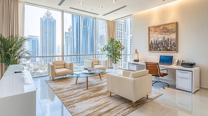 Modern office, city view, Dubai,  waiting area. Ideal for business or real estate
