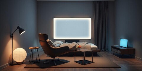 Modern bedroom featuring a sleek screen bed and elegant armchair, minimalist, armchair