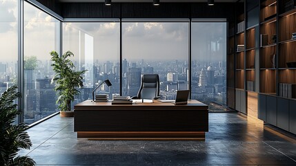 Modern office, city view, desk, bookshelves, sunrise