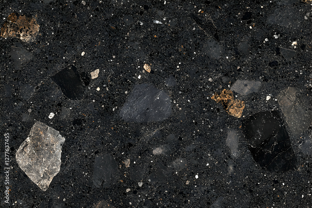 Poster black terrazzo texture high-resolution image showcasing a detailed close-up of a dark, speckled terr