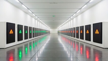 Obraz premium Modern Minimalist Interior with Colored Lights and Symmetrical Design Elements in Hallway